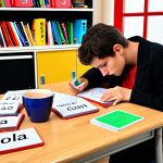 **

A brightly lit study room, cluttered with textbooks, flashcards with "COLA" (Consent, Object, Cause, Licitud) written on them, and a half-empty cup of coffee. A stressed but determined student is hunched over a practice exam, highlighting key phrases with a colorful marker. The overall feeling is intense study and preparation for the real estate agent exam in Spain. Focus on the exhaustion but also the underlying determination.

**