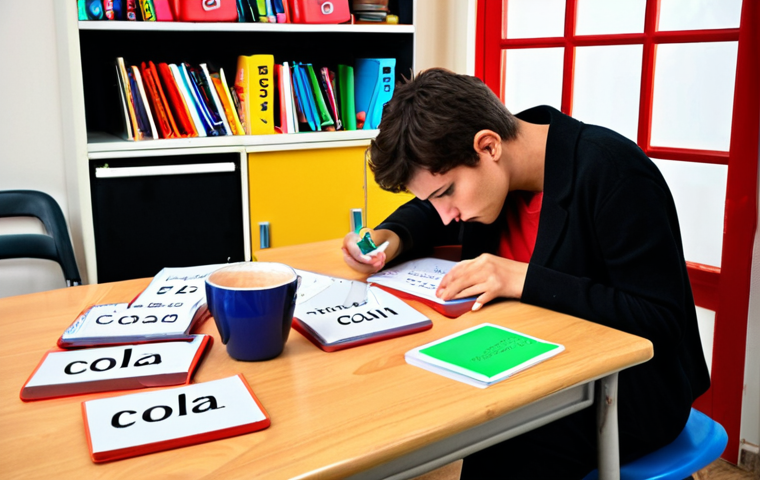 **
A brightly lit study room, cluttered with textbooks, flashcards with "COLA" (Consent, Object, Cause, Licitud) written on them, and a half-empty cup of coffee. A stressed but determined student is hunched over a practice exam, highlighting key phrases with a colorful marker. The overall feeling is intense study and preparation for the real estate agent exam in Spain. Focus on the exhaustion but also the underlying determination.
**