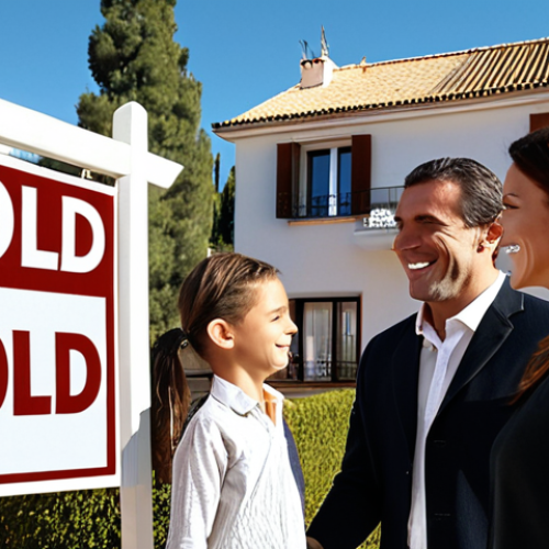 ** A confident real estate agent shaking hands with a smiling family in front of a beautiful house with a "Sold" sign. The setting is a sunny, upscale neighborhood in Madrid.

**