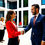 **

"A real estate agent networking at a stylish Madrid business event, shaking hands with a potential client. The agent is well-dressed and confident, surrounded by modern architecture. Focus on the vibrant colors and upscale atmosphere."

**