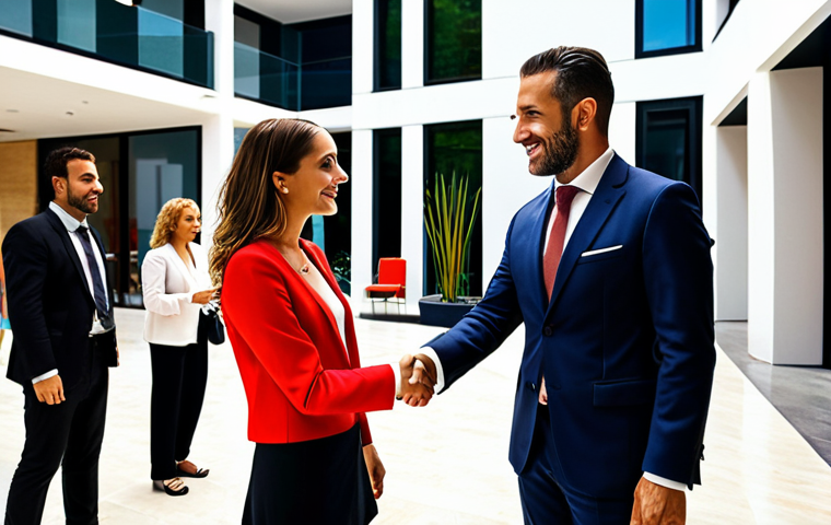 **
"A real estate agent networking at a stylish Madrid business event, shaking hands with a potential client. The agent is well-dressed and confident, surrounded by modern architecture. Focus on the vibrant colors and upscale atmosphere."
**