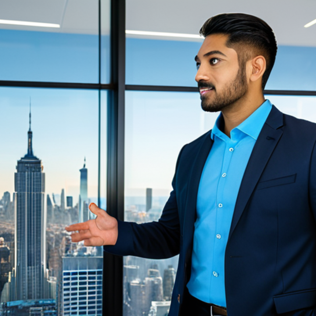 A professional male real estate agent, diverse ethnicity, in a modern, dark business suit and a crisp light blue shirt, standing confidently in a sleek, high-tech real estate office. He is gesturing towards a large, transparent digital display screen showcasing interactive property data visualizations and 3D virtual tour elements. The office features modern minimalist furniture, glowing ambient lights, and large windows revealing a city skyline. The agent is fully clothed, appropriate attire, modest clothing, professional dress, safe for work, appropriate content, family-friendly, perfect anatomy, correct proportions, natural pose, well-formed hands, proper finger count, natural body proportions, professional photography, high quality.