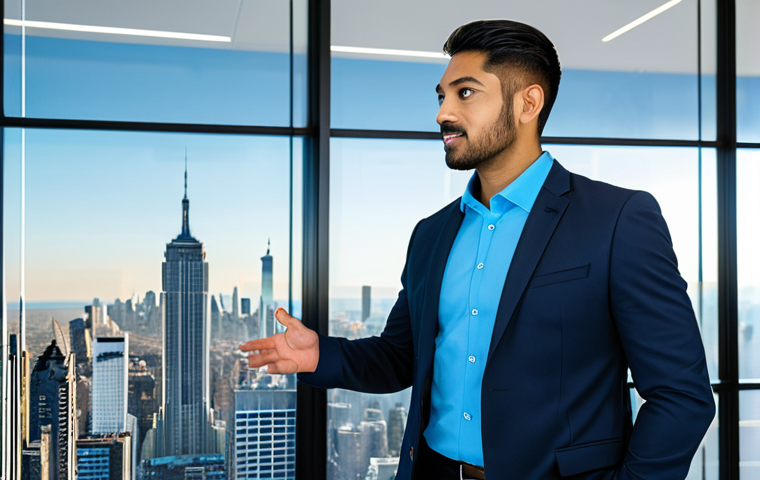 A professional male real estate agent, diverse ethnicity, in a modern, dark business suit and a crisp light blue shirt, standing confidently in a sleek, high-tech real estate office. He is gesturing towards a large, transparent digital display screen showcasing interactive property data visualizations and 3D virtual tour elements. The office features modern minimalist furniture, glowing ambient lights, and large windows revealing a city skyline. The agent is fully clothed, appropriate attire, modest clothing, professional dress, safe for work, appropriate content, family-friendly, perfect anatomy, correct proportions, natural pose, well-formed hands, proper finger count, natural body proportions, professional photography, high quality.