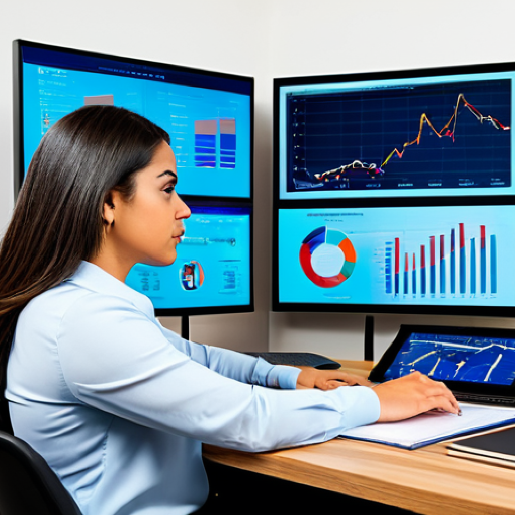 A professional Hispanic woman, fully clothed in a modest business casual outfit, sitting attentively at a modern, clean desk. She is surrounded by digital screens displaying real estate market data, charts, and legal documents. On the desk, a physical mind map is visible, connecting various concepts. Her posture is natural, indicating deep concentration and understanding. The background is a bright, contemporary office space with natural light. The image embodies professionalism and diligent study. perfect anatomy, correct proportions, natural pose, well-formed hands, proper finger count, natural body proportions, safe for work, appropriate content, fully clothed, professional, high quality, studio lighting.