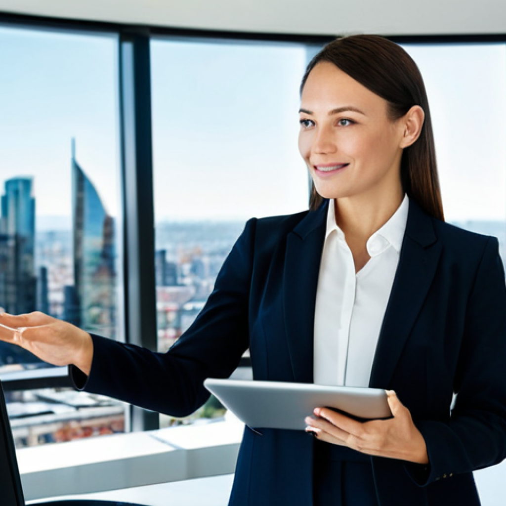 A professional, diverse female real estate agent, mid-30s, with a confident and approachable expression. Dressed in a modest and tailored business suit, fully clothed, appropriate attire, professional dress. She stands in a modern, sunlit office, holding a sleek tablet displaying a vibrant 3D virtual tour of a property. Her other hand gestures towards a large, transparent holographic display showing real-time market data graphs and a stylized city skyline in the background. She is looking towards the viewer, conveying expertise and control. The office is minimalist with clean lines, large windows, and subtle technological elements. Perfect anatomy, correct proportions, natural pose, well-formed hands, proper finger count, natural body proportions. High-resolution, professional photography, soft studio lighting, ultra-detailed, high quality, safe for work, appropriate content, fully clothed, professional.