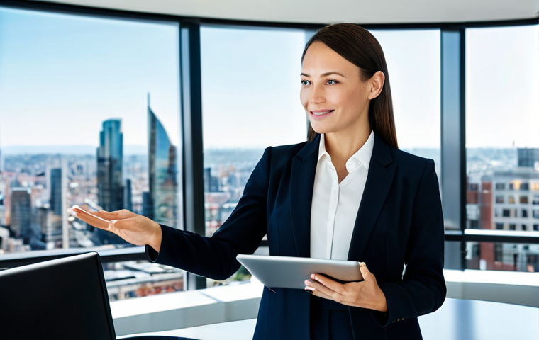 A professional, diverse female real estate agent, mid-30s, with a confident and approachable expression. Dressed in a modest and tailored business suit, fully clothed, appropriate attire, professional dress. She stands in a modern, sunlit office, holding a sleek tablet displaying a vibrant 3D virtual tour of a property. Her other hand gestures towards a large, transparent holographic display showing real-time market data graphs and a stylized city skyline in the background. She is looking towards the viewer, conveying expertise and control. The office is minimalist with clean lines, large windows, and subtle technological elements. Perfect anatomy, correct proportions, natural pose, well-formed hands, proper finger count, natural body proportions. High-resolution, professional photography, soft studio lighting, ultra-detailed, high quality, safe for work, appropriate content, fully clothed, professional.