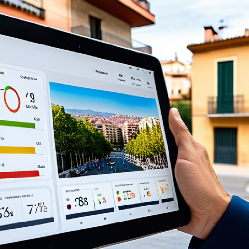 AI-Powered Property Valuation in Spain**
"Modern Spanish real estate agent using a tablet displaying an AI-powered property valuation dashboard. Background shows a vibrant Barcelona street with modern architecture. The agent is professionally dressed, fully clothed, in a family-friendly setting. Focus on the screen displaying charts and data. Perfect anatomy, correct proportions, natural pose, high quality, professional, safe for work, appropriate content, modest clothing."
**