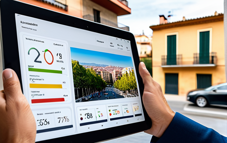 AI-Powered Property Valuation in Spain**
"Modern Spanish real estate agent using a tablet displaying an AI-powered property valuation dashboard. Background shows a vibrant Barcelona street with modern architecture. The agent is professionally dressed, fully clothed, in a family-friendly setting. Focus on the screen displaying charts and data. Perfect anatomy, correct proportions, natural pose, high quality, professional, safe for work, appropriate content, modest clothing."
**
