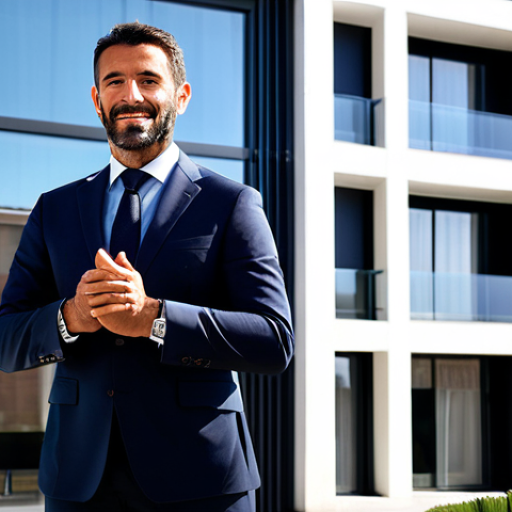 Experienced Real Estate Agent in Madrid**
"A professional real estate agent, fully clothed in a modern business suit, standing confidently in front of luxury apartments in Salamanca district, Madrid. Appropriate attire, professional demeanor, safe for work, perfect anatomy, correct proportions, natural pose, well-formed hands, proper finger count, family-friendly, high-resolution photograph, daytime lighting."
**