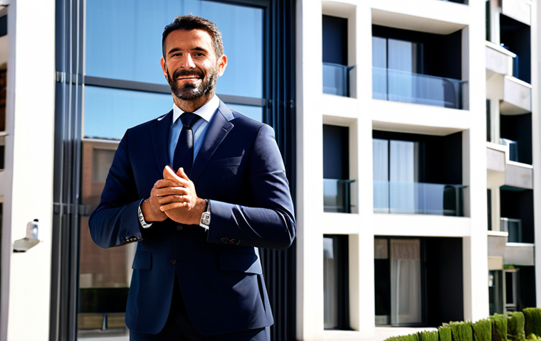 Experienced Real Estate Agent in Madrid**
"A professional real estate agent, fully clothed in a modern business suit, standing confidently in front of luxury apartments in Salamanca district, Madrid. Appropriate attire, professional demeanor, safe for work, perfect anatomy, correct proportions, natural pose, well-formed hands, proper finger count, family-friendly, high-resolution photograph, daytime lighting."
**