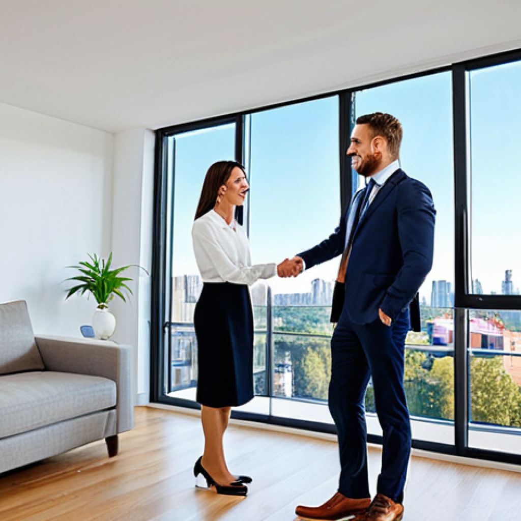 Real Estate Agent at Work**
"A professional real estate agent, fully clothed in business casual attire, showing a modern apartment to a young couple. The apartment is bright and airy, with large windows overlooking a vibrant city. Safe for work, appropriate content, perfect anatomy, natural proportions, family-friendly, professional photography, high quality."
**