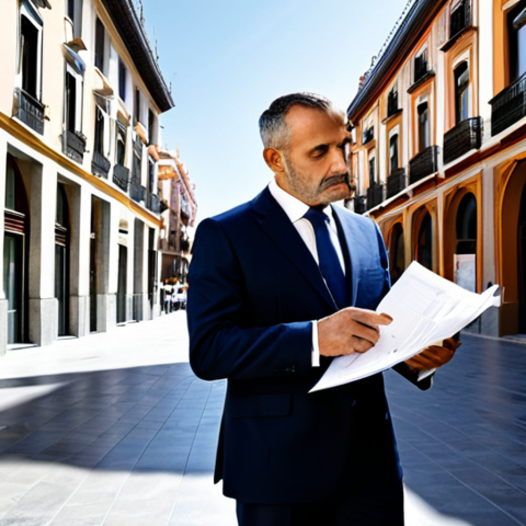 **
"A professional real estate agent, dressed in a modern, modest business suit, inspecting a commercial property in a bustling urban area of Madrid. The agent is reviewing documents with an architect, both wearing professional attire. Background shows a mix of modern and traditional Spanish architecture. Emphasis on careful inspection and due diligence. Safe for work, appropriate content, fully clothed, professional, perfect anatomy, correct proportions, natural pose, high quality."
**