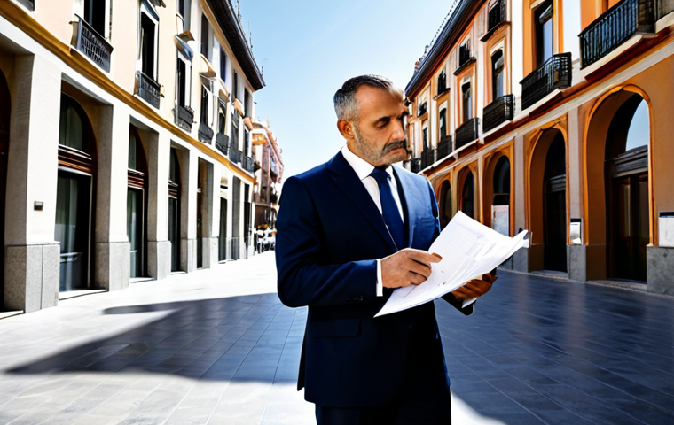**
"A professional real estate agent, dressed in a modern, modest business suit, inspecting a commercial property in a bustling urban area of Madrid. The agent is reviewing documents with an architect, both wearing professional attire. Background shows a mix of modern and traditional Spanish architecture. Emphasis on careful inspection and due diligence. Safe for work, appropriate content, fully clothed, professional, perfect anatomy, correct proportions, natural pose, high quality."
**