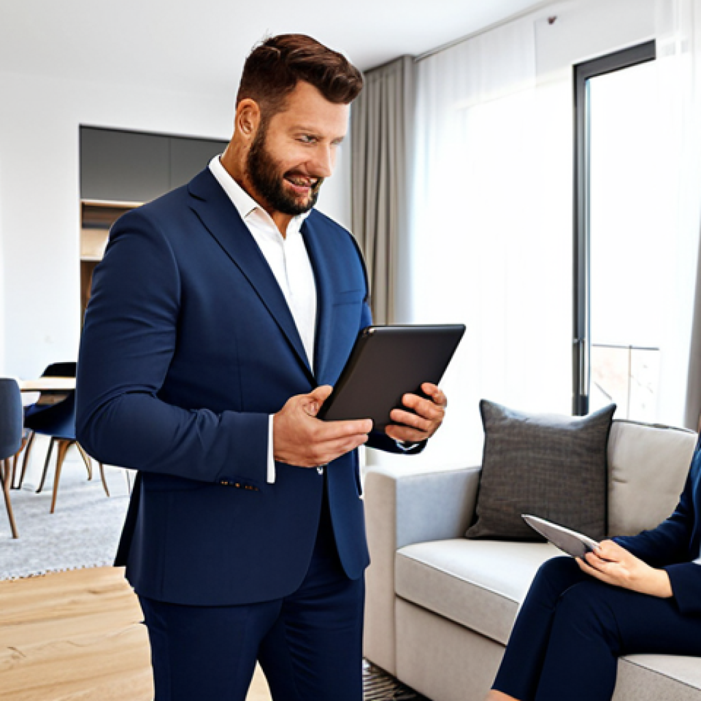 공인중개사 부동산 중개 관련 최신 정보 - Digital Transformation**
"A real estate agent, fully clothed in professional attire, using a tablet...