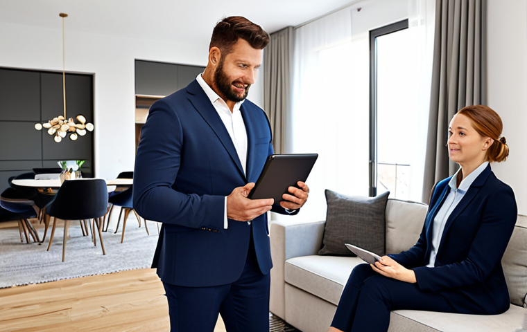 공인중개사 부동산 중개 관련 최신 정보 - Digital Transformation**
"A real estate agent, fully clothed in professional attire, using a tablet...