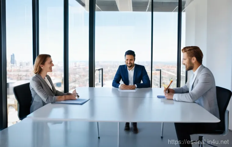 공인중개사 부동산 임대차 계약 실무 - **Digital Contract Signing in a Modern Office:** A diverse group of three professionals, comprising ...