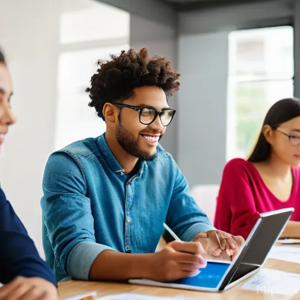 공인중개사 시험 대비 최신 기술 활용법 - **Prompt:** A diverse group of young adult students, casually but neatly dressed, are gathered aroun...