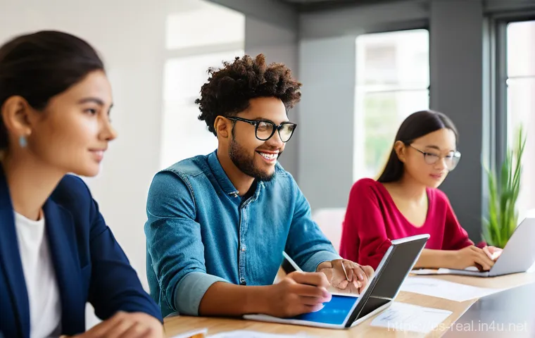 공인중개사 시험 대비 최신 기술 활용법 - **Prompt:** A diverse group of young adult students, casually but neatly dressed, are gathered aroun...