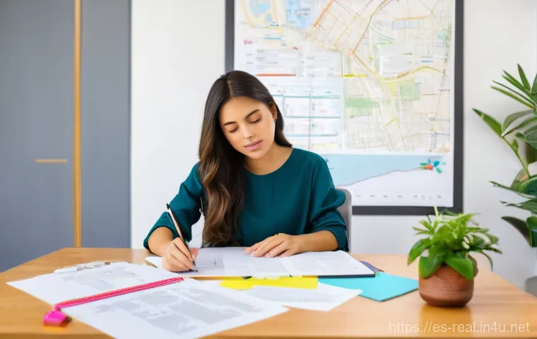 공인중개사 시험 대비 노트 정리 방법 - **Prompt:** A focused female student, mid-20s, with a determined expression, sits at a brightly lit,...