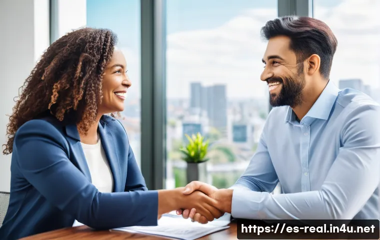 공인중개사로서 고객 상담 스토리 - **Prompt:** A diverse couple in their late 30s, dressed in smart casual attire, smiling broadly as t...
