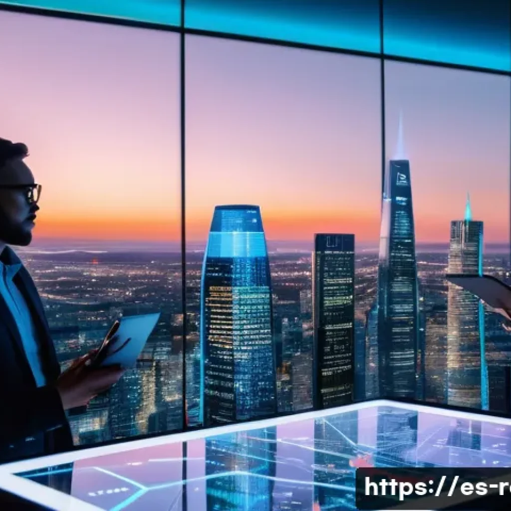 공인중개사 부동산 투자 트렌드 이해 - **PropTech Data Visualization in a Modern Urban Environment:**
A sophisticated, high-angle shot ...