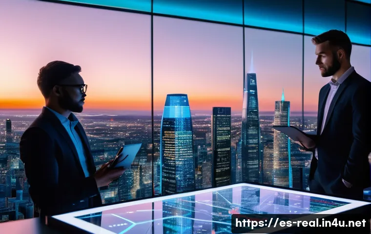 공인중개사 부동산 투자 트렌드 이해 - **PropTech Data Visualization in a Modern Urban Environment:**
A sophisticated, high-angle shot ...