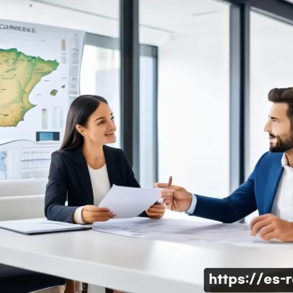 공인중개사 시험 관련 출제 경향 분석 - A professional real estate agent advising a Spanish-speaking couple inside a modern office, surround...