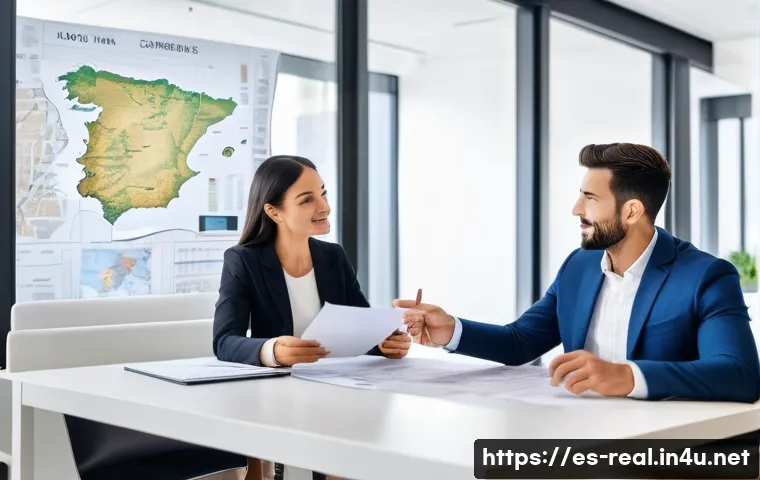 공인중개사 시험 관련 출제 경향 분석 - A professional real estate agent advising a Spanish-speaking couple inside a modern office, surround...