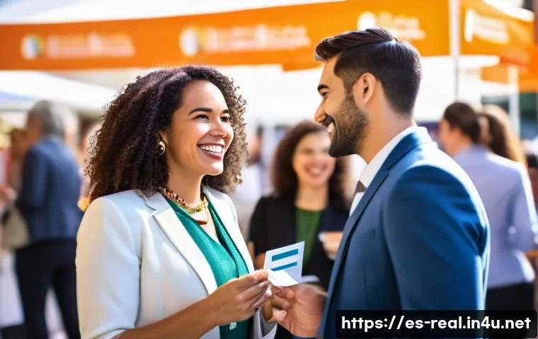 공인중개사 자격증 취득 후 성공적인 커리어 사례 - A professional real estate agent networking at a vibrant local community event in a Spanish-speaking...