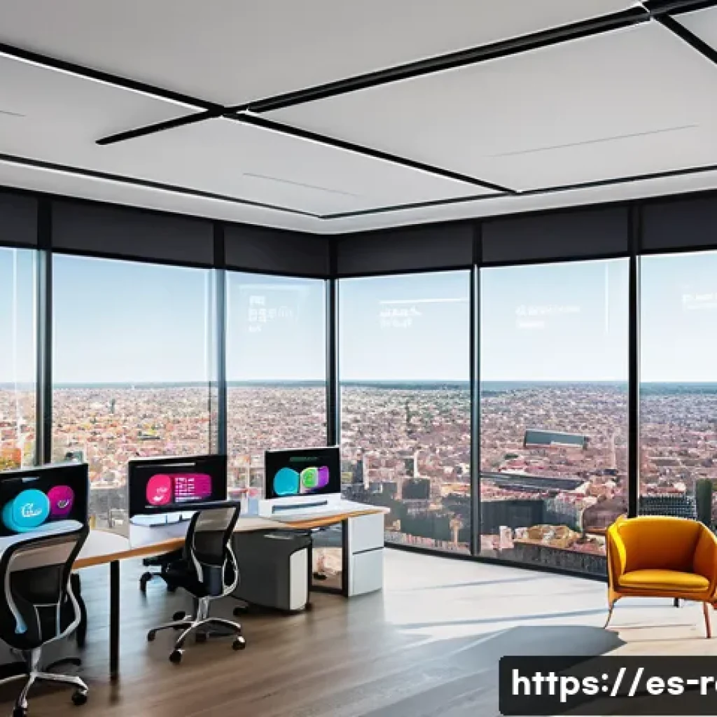 공인중개사와 부동산 데이터 활용 방법 - A modern real estate agent&rsquo;s office in a vibrant Spanish city, featuring large interactive digital s...