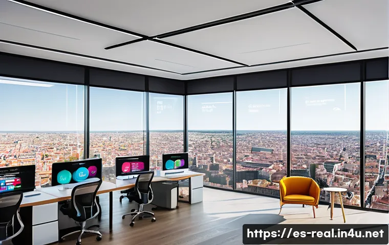 공인중개사와 부동산 데이터 활용 방법 - A modern real estate agent’s office in a vibrant Spanish city, featuring large interactive digital s...