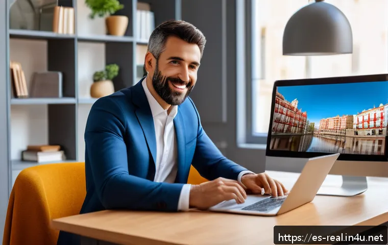 공인중개사 시험 후 부동산 사업 시작하기 - A professional real estate agent in a modern Spanish city office, dressed in smart business attire, ...