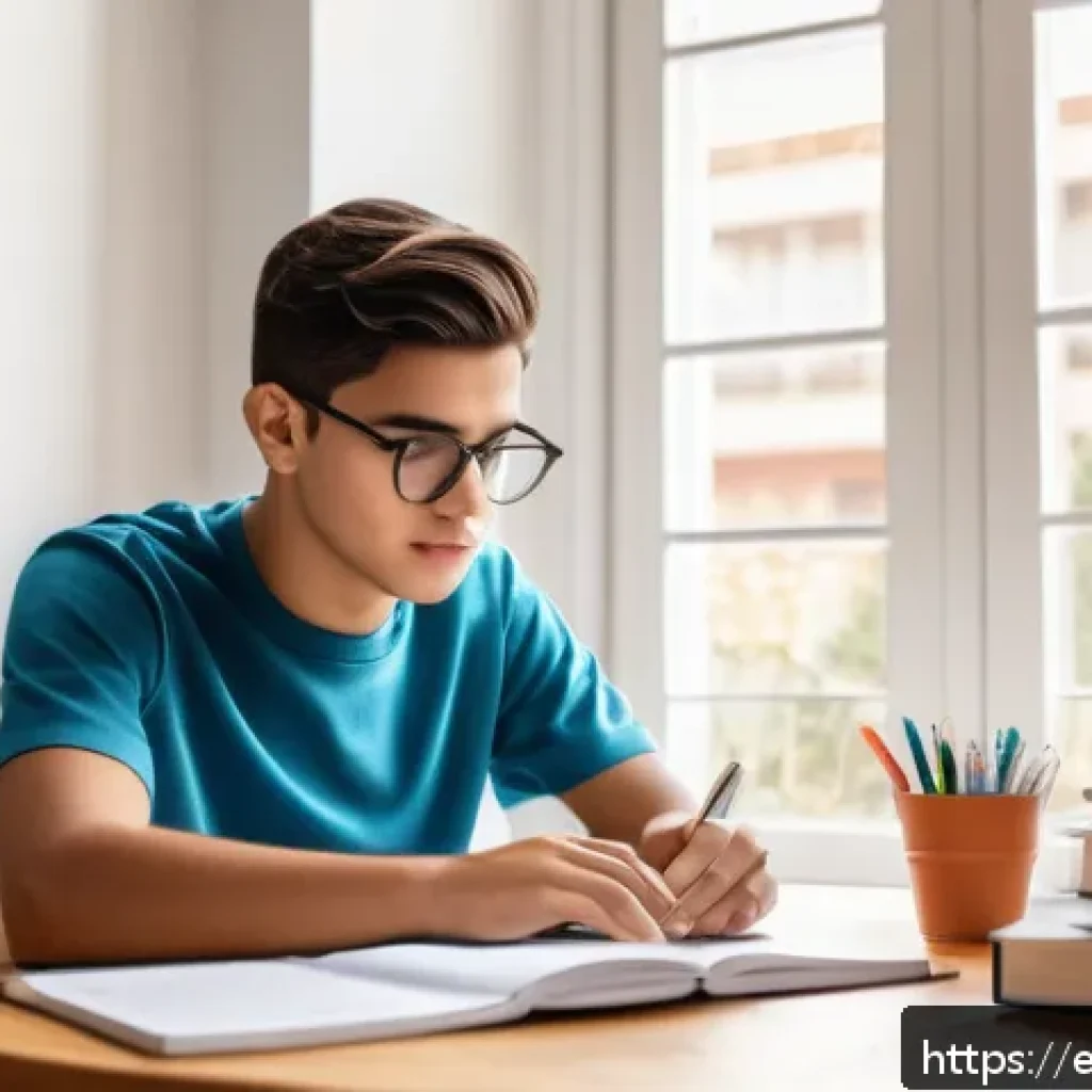 공인중개사 시험 대비 모의고사 활용법 - A young Spanish student sitting at a tidy wooden desk in a bright, minimalist study room with large ...