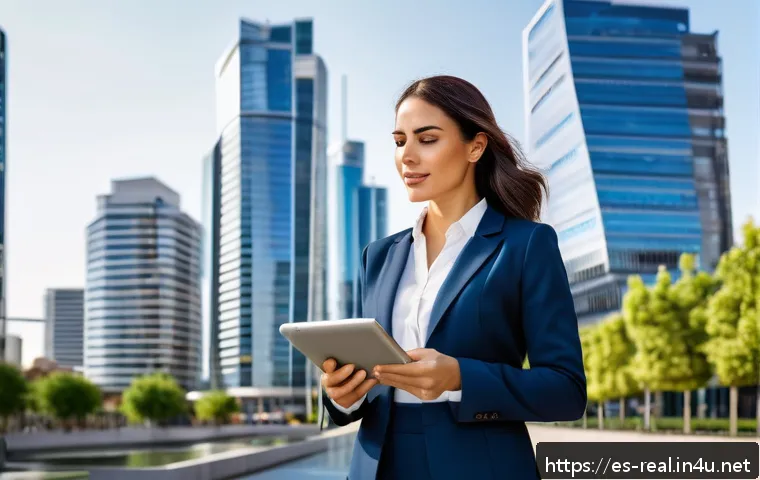 공인중개사 자격증 취득 후 직업 전환 성공 사례 - A confident real estate agent in professional attire, standing in a modern urban environment with hi...
