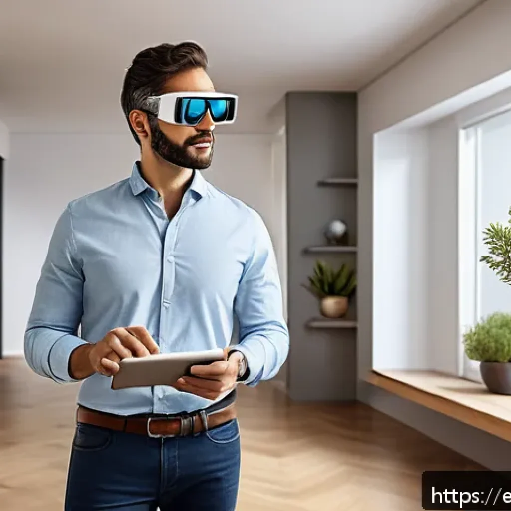 공인중개사와 글로벌 부동산 시장 연결 - A modern real estate agent using augmented reality glasses to guide a virtual home tour for a divers...