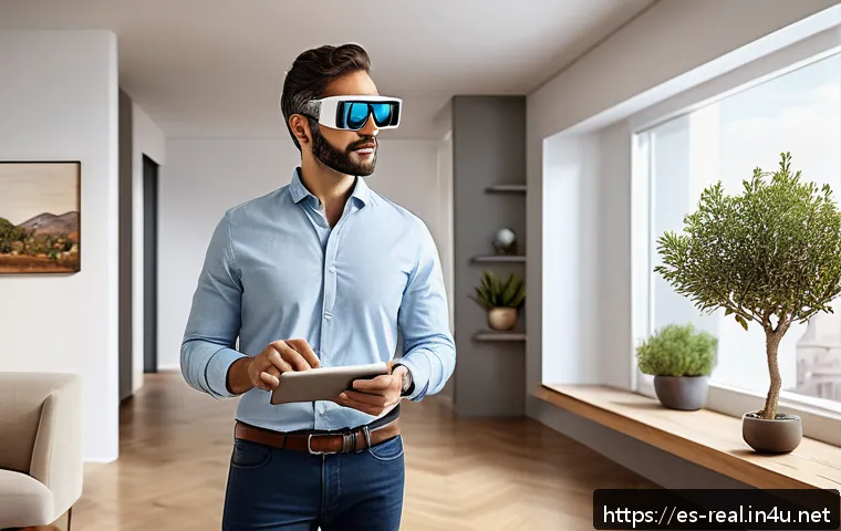 공인중개사와 글로벌 부동산 시장 연결 - A modern real estate agent using augmented reality glasses to guide a virtual home tour for a divers...