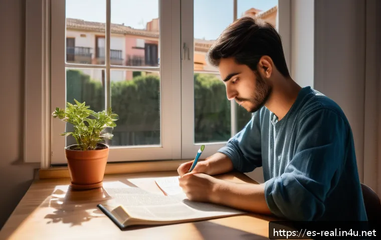 공인중개사 시험 대비 독창적인 학습 전략 사례 - A focused young adult studying intensely at a cozy home desk in Spain, using the Pomodoro technique ...