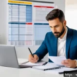Home 15 공인중개사 시험을 처음 준비하는 사람에게 - A professional real estate agent in a modern Spanish office, studying legal documents and contracts ...