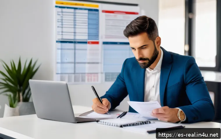 공인중개사 시험을 처음 준비하는 사람에게 - A professional real estate agent in a modern Spanish office, studying legal documents and contracts ...