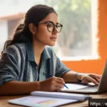 Home 14 공인중개사 시험 준비를 위한 최적 학습법 - A young Hispanic woman sitting at a tidy desk in a cozy, well-lit study room in a modern Mexican hom...