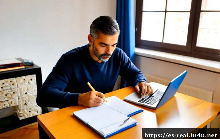 Home 15 공인중개사 시험 준비를 위한 실용적인 조언 - Photorealistic Spanish-speaking adult preparing for a real estate licensing exam at a tidy home desk...